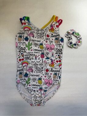Size 6 (Child Small) Destira Unicorn Doodles Gymnastics Leotard w/ Scrunchie
